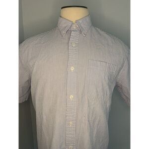 LL BEAN Mens Traditional Fit Seersucker Blue White Striped Shirt L Button Up